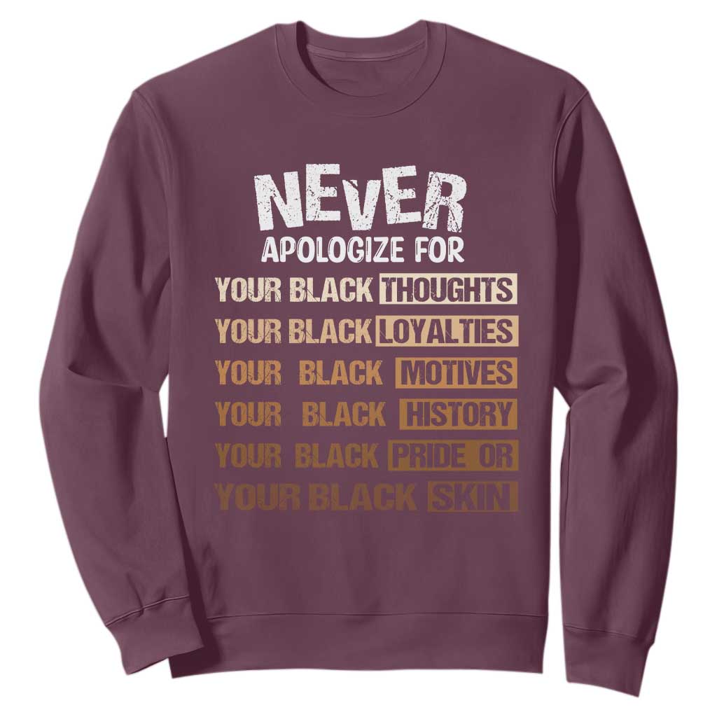 Never Apologize For Your Black Thoughts Loyalties Motives History Pride Or Skin Sweatshirt Pride African American Black History Month