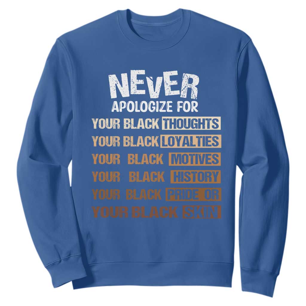 Never Apologize For Your Black Thoughts Loyalties Motives History Pride Or Skin Sweatshirt Pride African American Black History Month