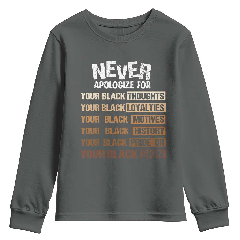 Never Apologize For Your Black Thoughts Loyalties Motives History Pride Or Skin Youth Sweatshirt Pride African American Black History Month