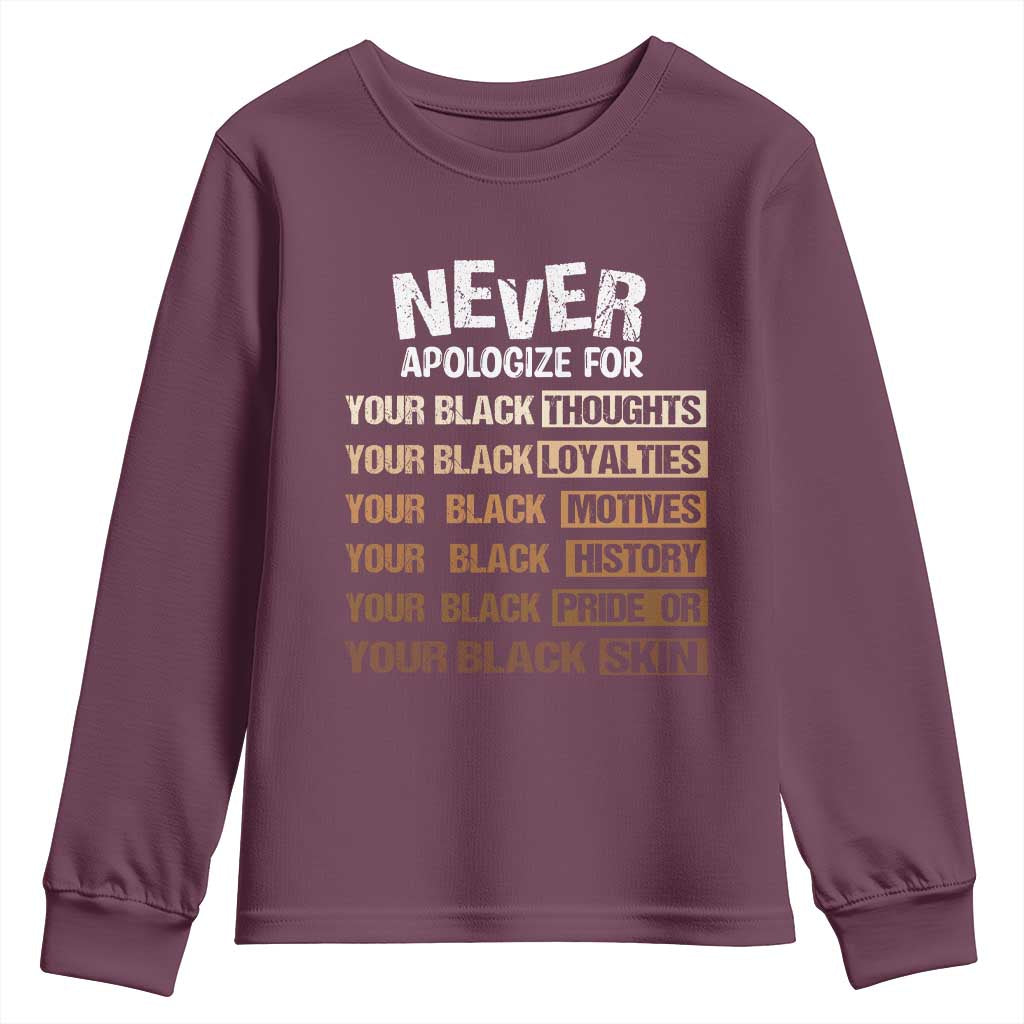 Never Apologize For Your Black Thoughts Loyalties Motives History Pride Or Skin Youth Sweatshirt Pride African American Black History Month