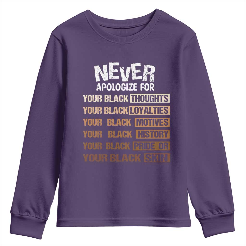 Never Apologize For Your Black Thoughts Loyalties Motives History Pride Or Skin Youth Sweatshirt Pride African American Black History Month