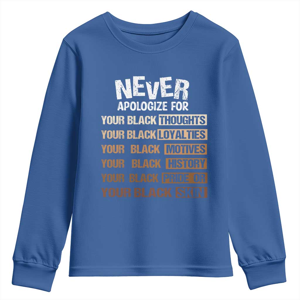 Never Apologize For Your Black Thoughts Loyalties Motives History Pride Or Skin Youth Sweatshirt Pride African American Black History Month