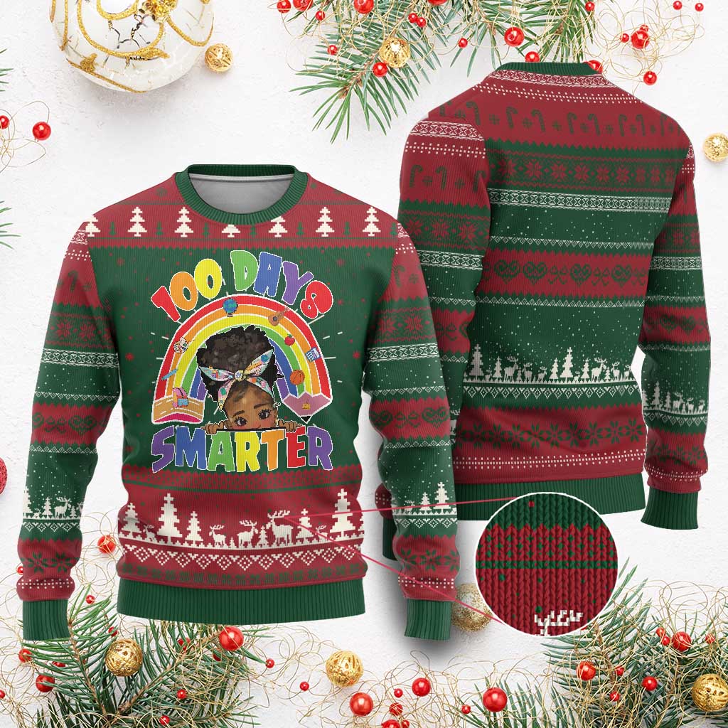 Funny 100 Days Smarter Afro African American Girl Ugly Christmas Sweater 100th Day Of School