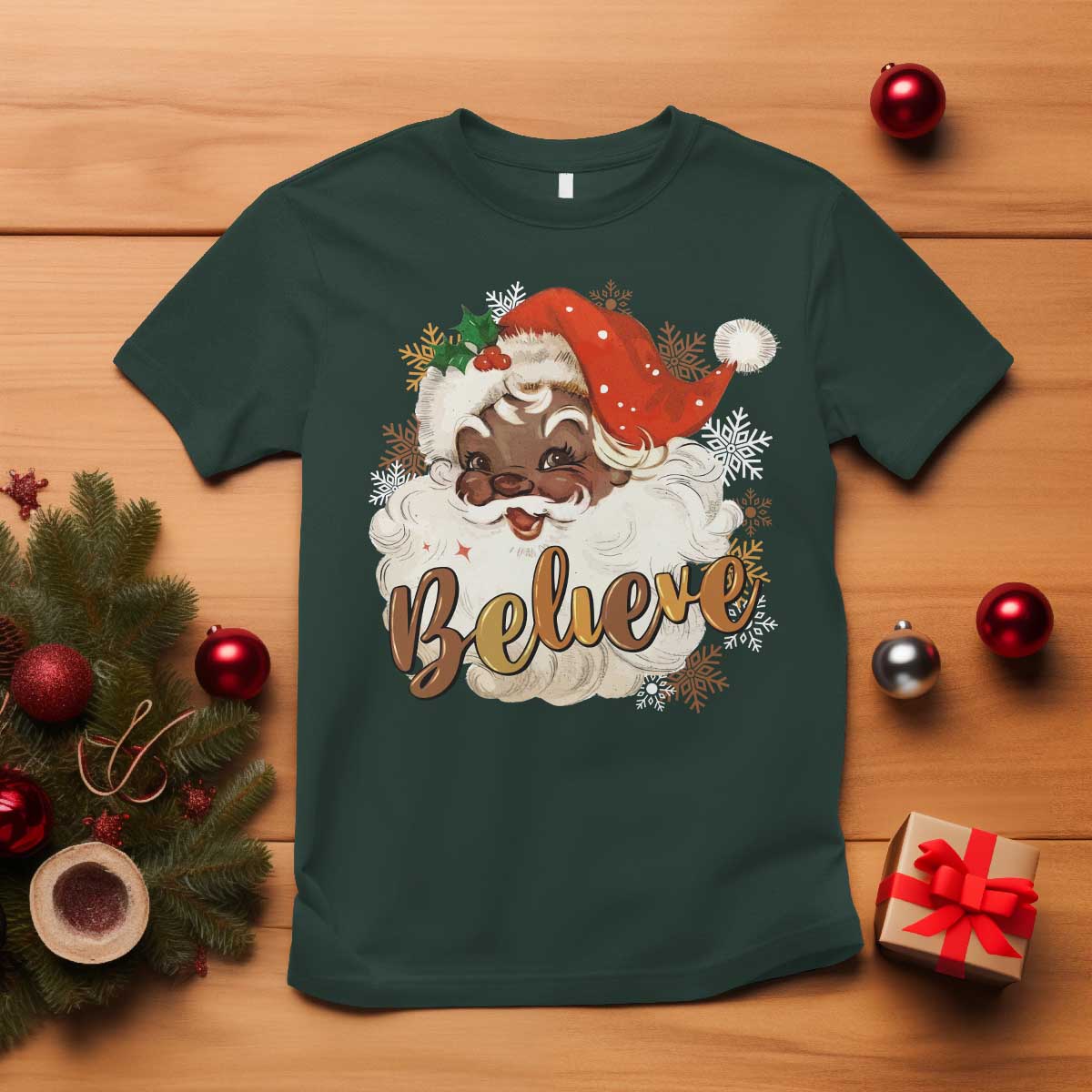 Funny Black Santa Christmas T Shirt Believe Retro African American Xmas
