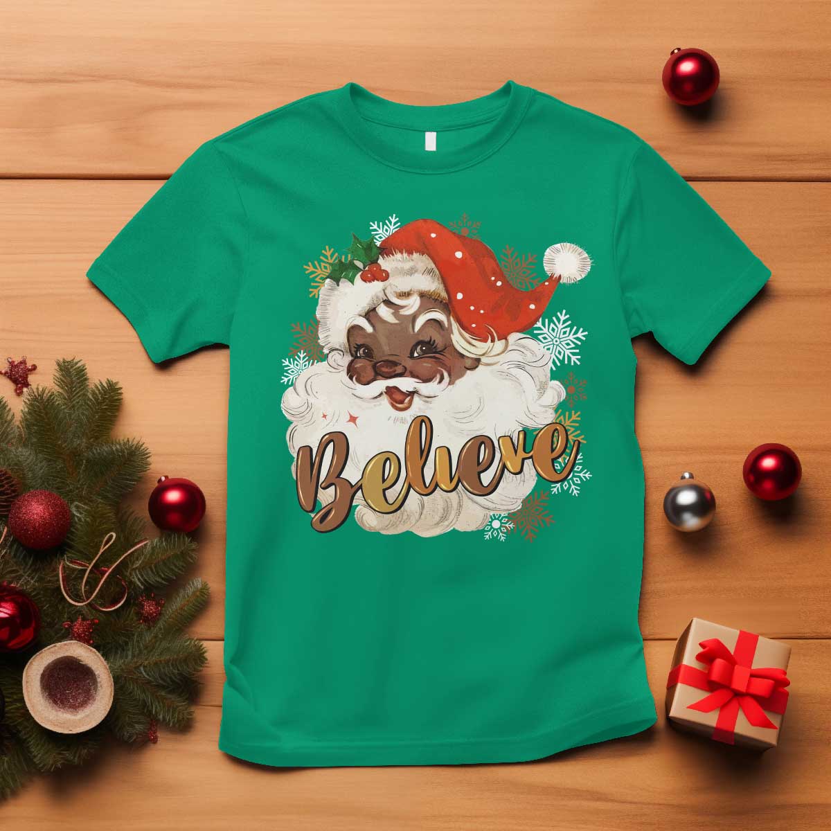 Funny Black Santa Christmas T Shirt Believe Retro African American Xmas
