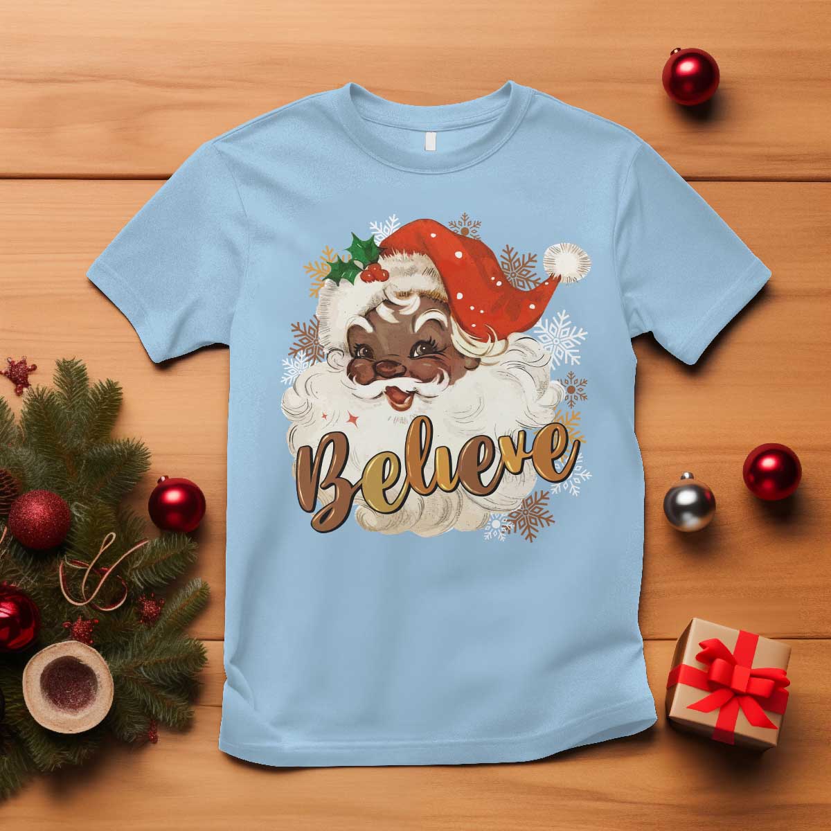 Funny Black Santa Christmas T Shirt Believe Retro African American Xmas