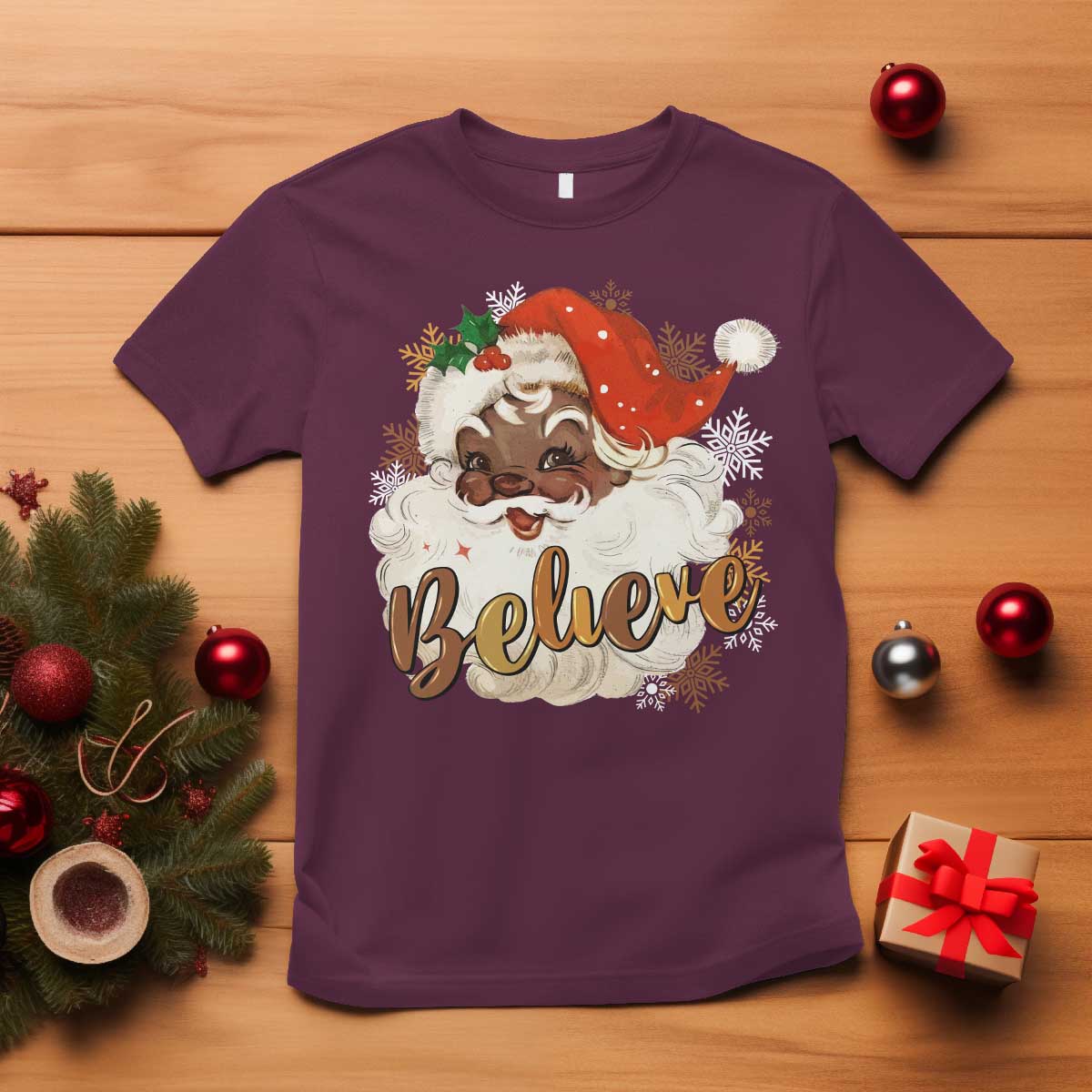 Funny Black Santa Christmas T Shirt Believe Retro African American Xmas
