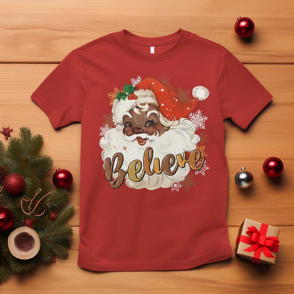 Funny Black Santa Christmas T Shirt Believe Retro African American Xmas