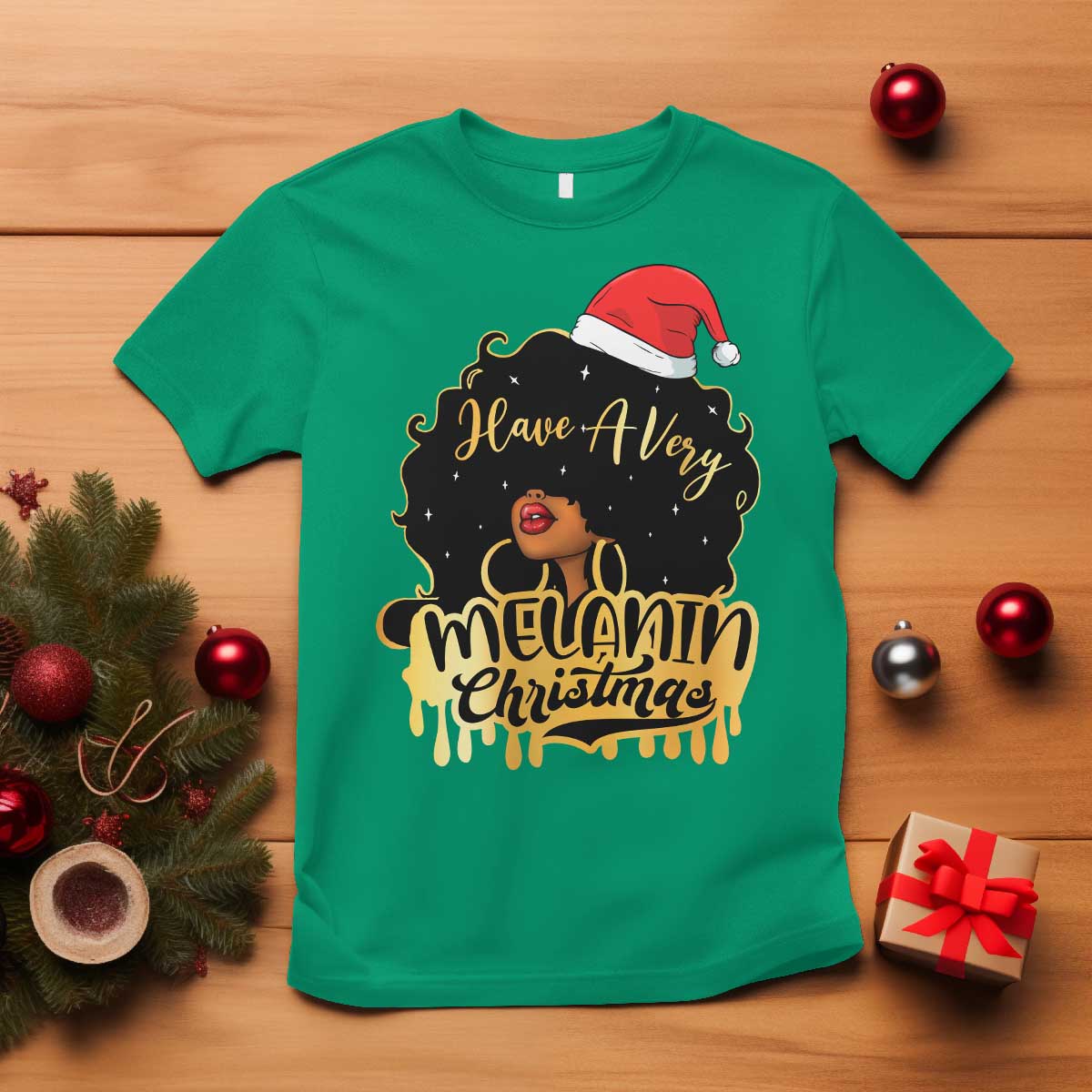 Have A Melanin Christmas African American Santa Girl T Shirt