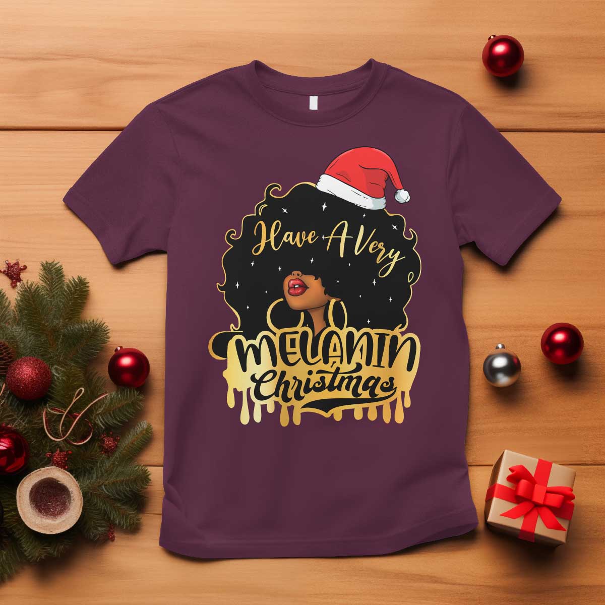 Have A Melanin Christmas African American Santa Girl T Shirt