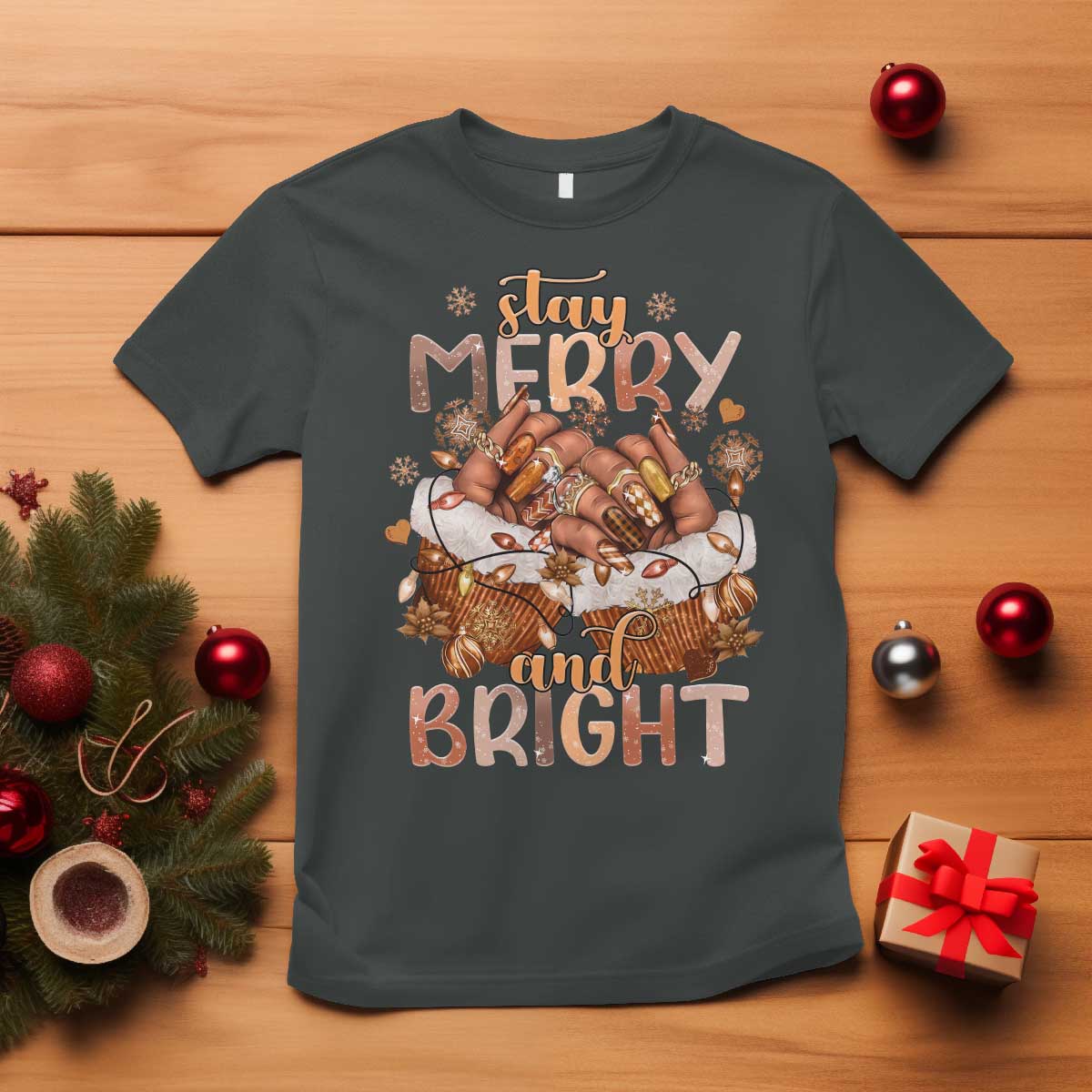 Funny African American Christmas T Shirt Stay Merry And Bright Black Melanin Girl Nails