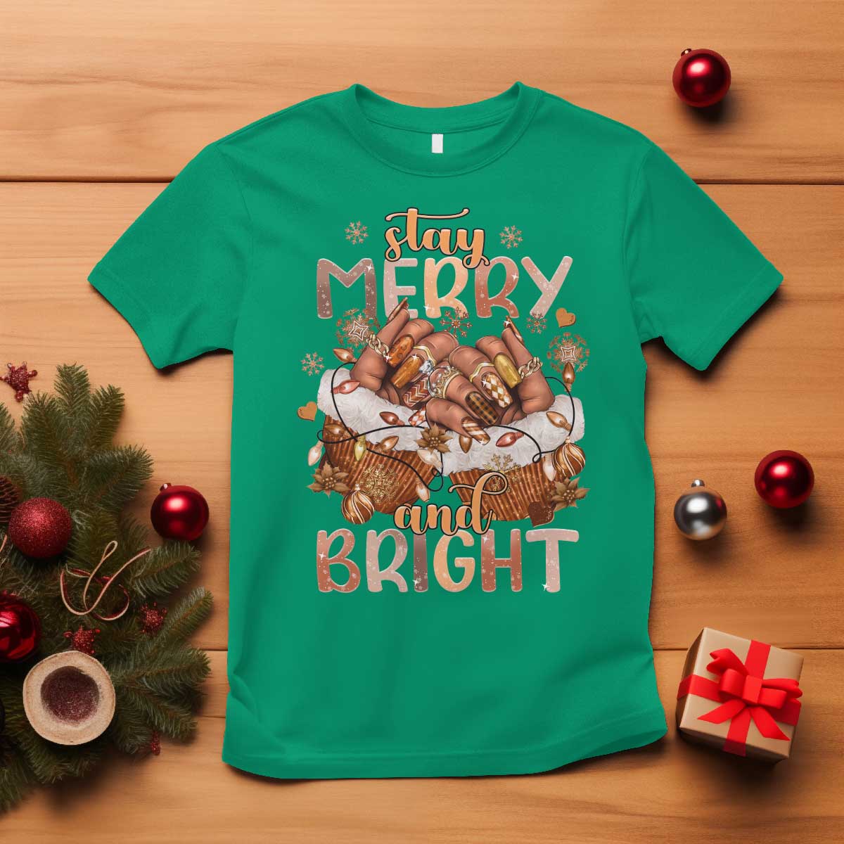 Funny African American Christmas T Shirt Stay Merry And Bright Black Melanin Girl Nails
