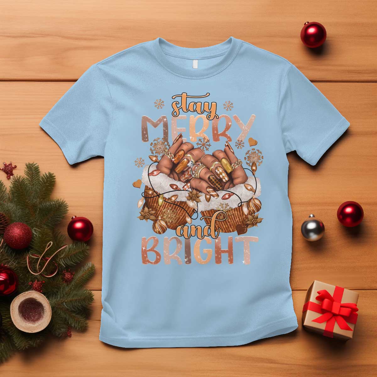 Funny African American Christmas T Shirt Stay Merry And Bright Black Melanin Girl Nails