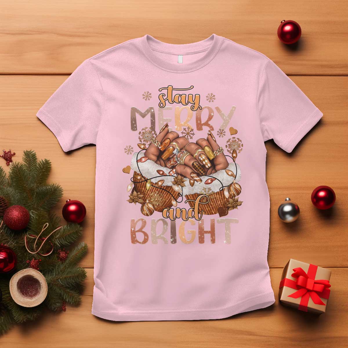 Funny African American Christmas T Shirt Stay Merry And Bright Black Melanin Girl Nails