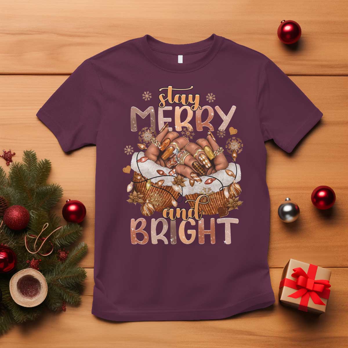 Funny African American Christmas T Shirt Stay Merry And Bright Black Melanin Girl Nails
