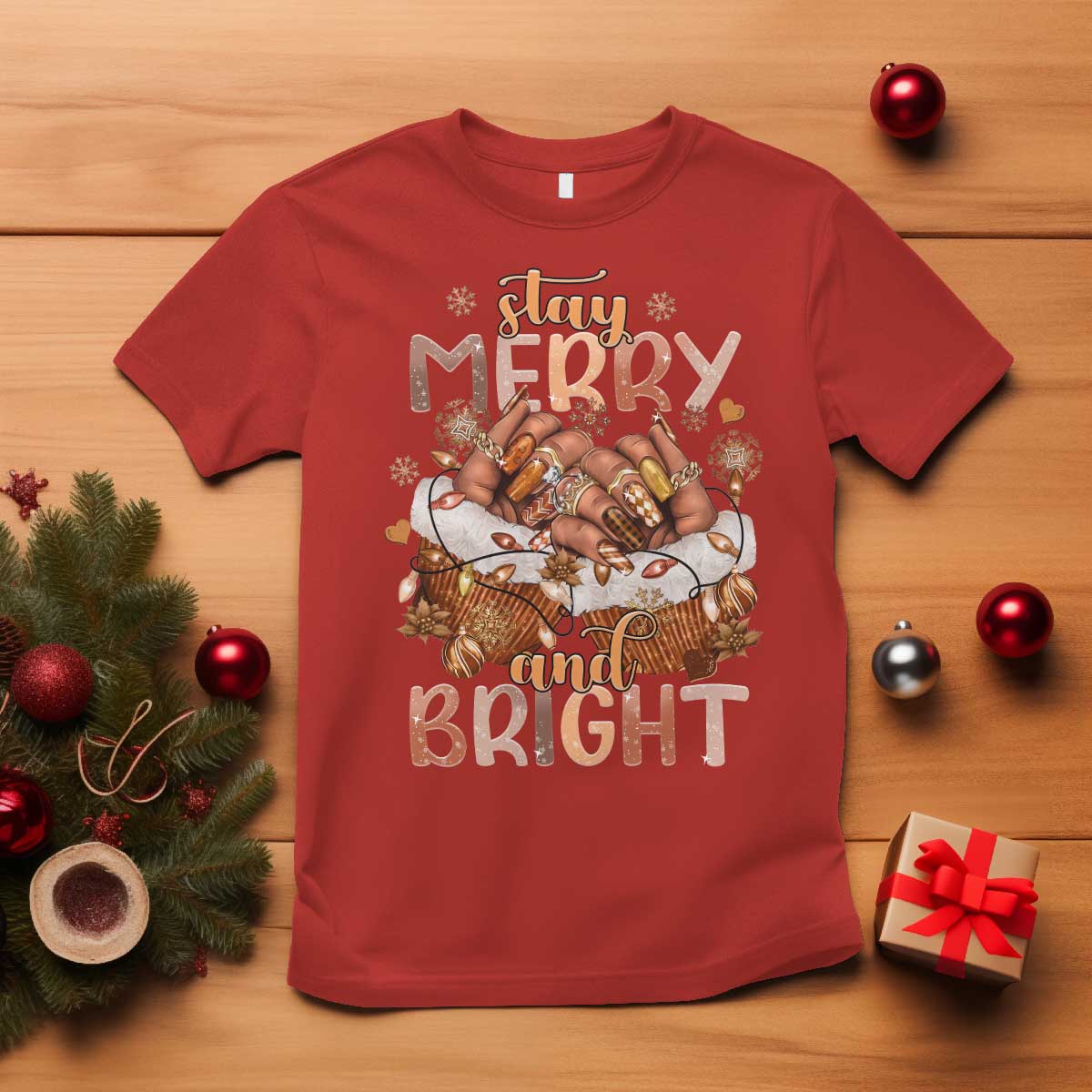 Funny African American Christmas T Shirt Stay Merry And Bright Black Melanin Girl Nails