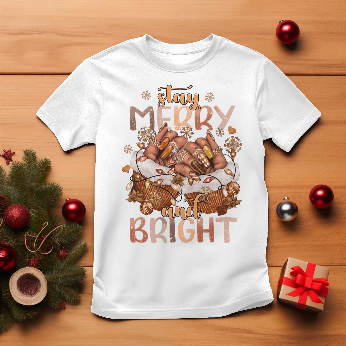 Funny African American Christmas T Shirt Stay Merry And Bright Black Melanin Girl Nails
