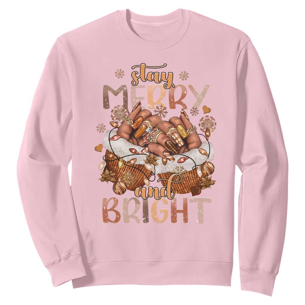 Funny African American Christmas Sweatshirt Stay Merry And Bright Black Melanin Girl Nails