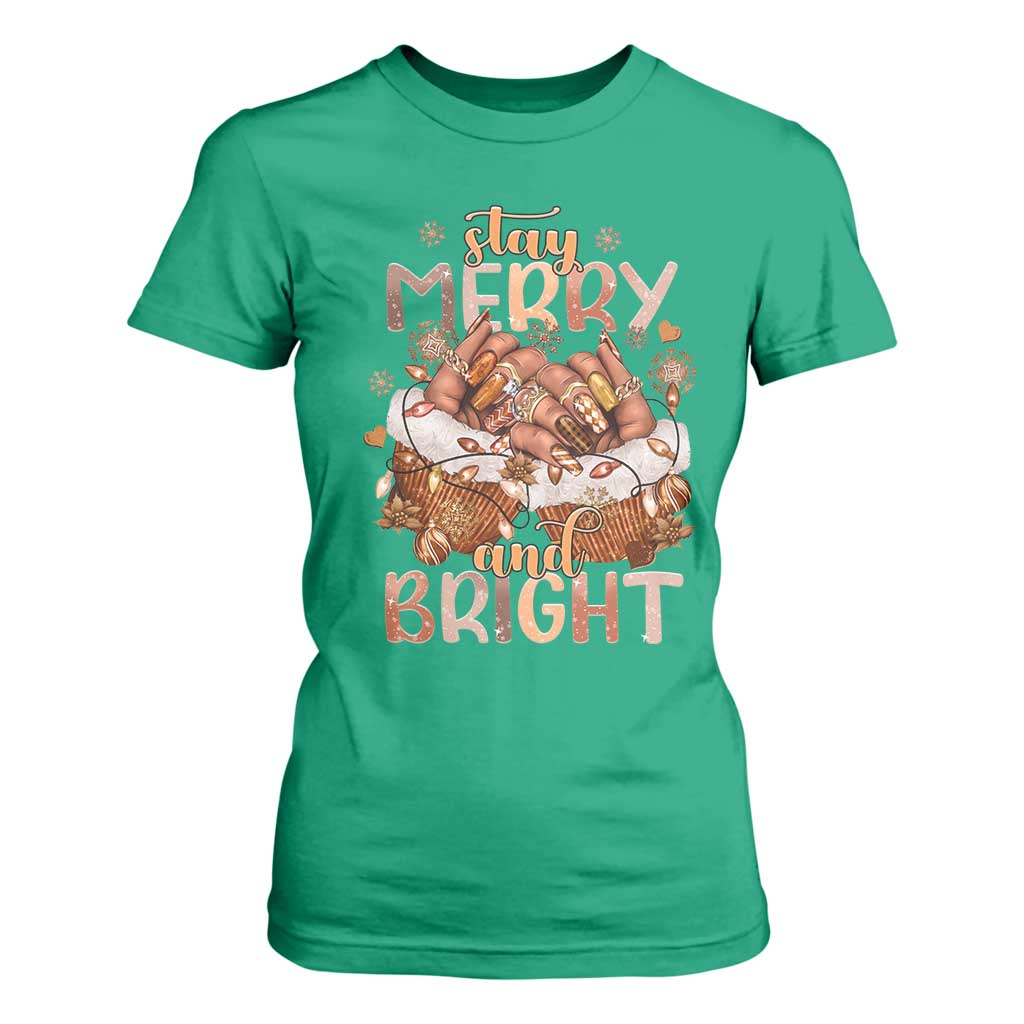 Funny African American Christmas T Shirt For Women Stay Merry And Bright Black Melanin Girl Nails