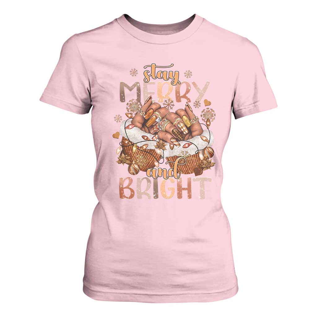 Funny African American Christmas T Shirt For Women Stay Merry And Bright Black Melanin Girl Nails