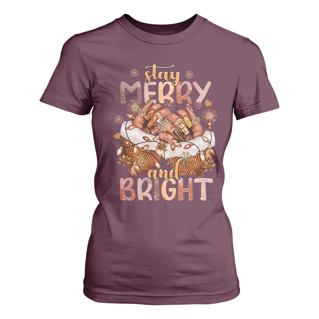 Funny African American Christmas T Shirt For Women Stay Merry And Bright Black Melanin Girl Nails