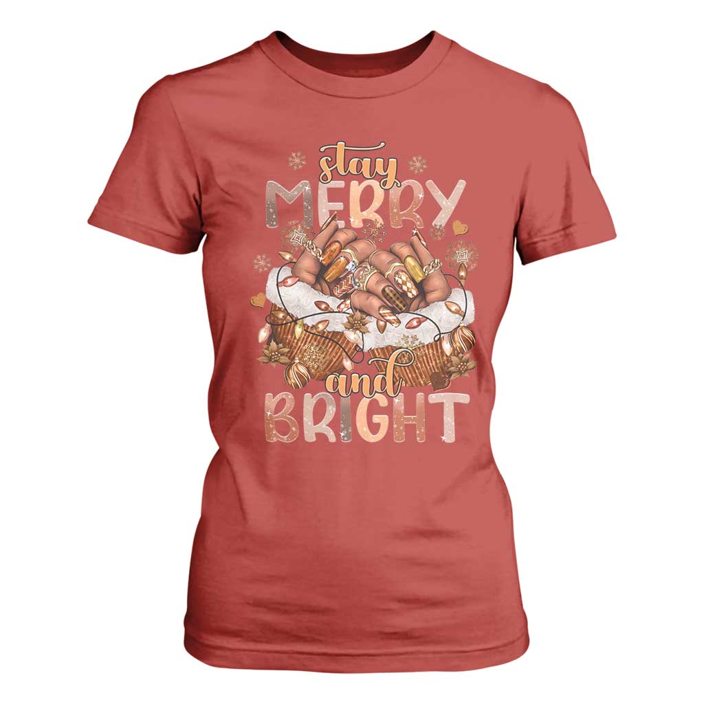 Funny African American Christmas T Shirt For Women Stay Merry And Bright Black Melanin Girl Nails