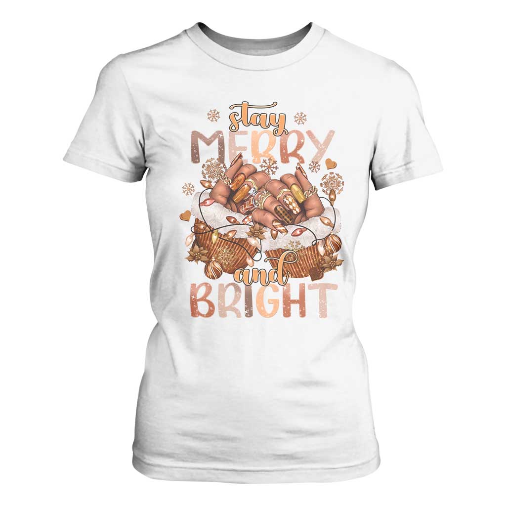 Funny African American Christmas T Shirt For Women Stay Merry And Bright Black Melanin Girl Nails