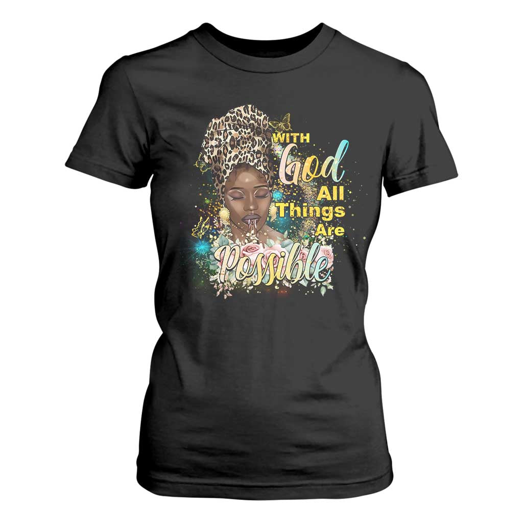Christian African American T Shirt For Women With God All Things Are Possible Black Prayer