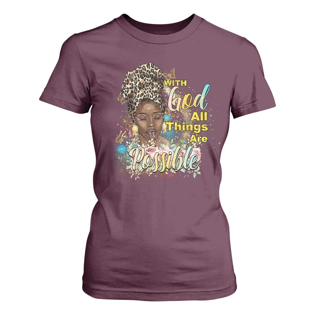 Christian African American T Shirt For Women With God All Things Are Possible Black Prayer