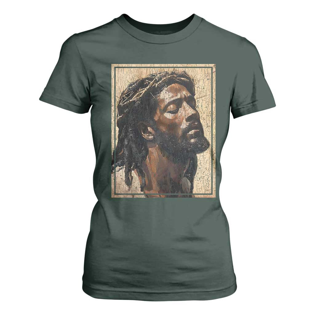 Religious Black Jesus With Crown Of Thorns T Shirt For Women