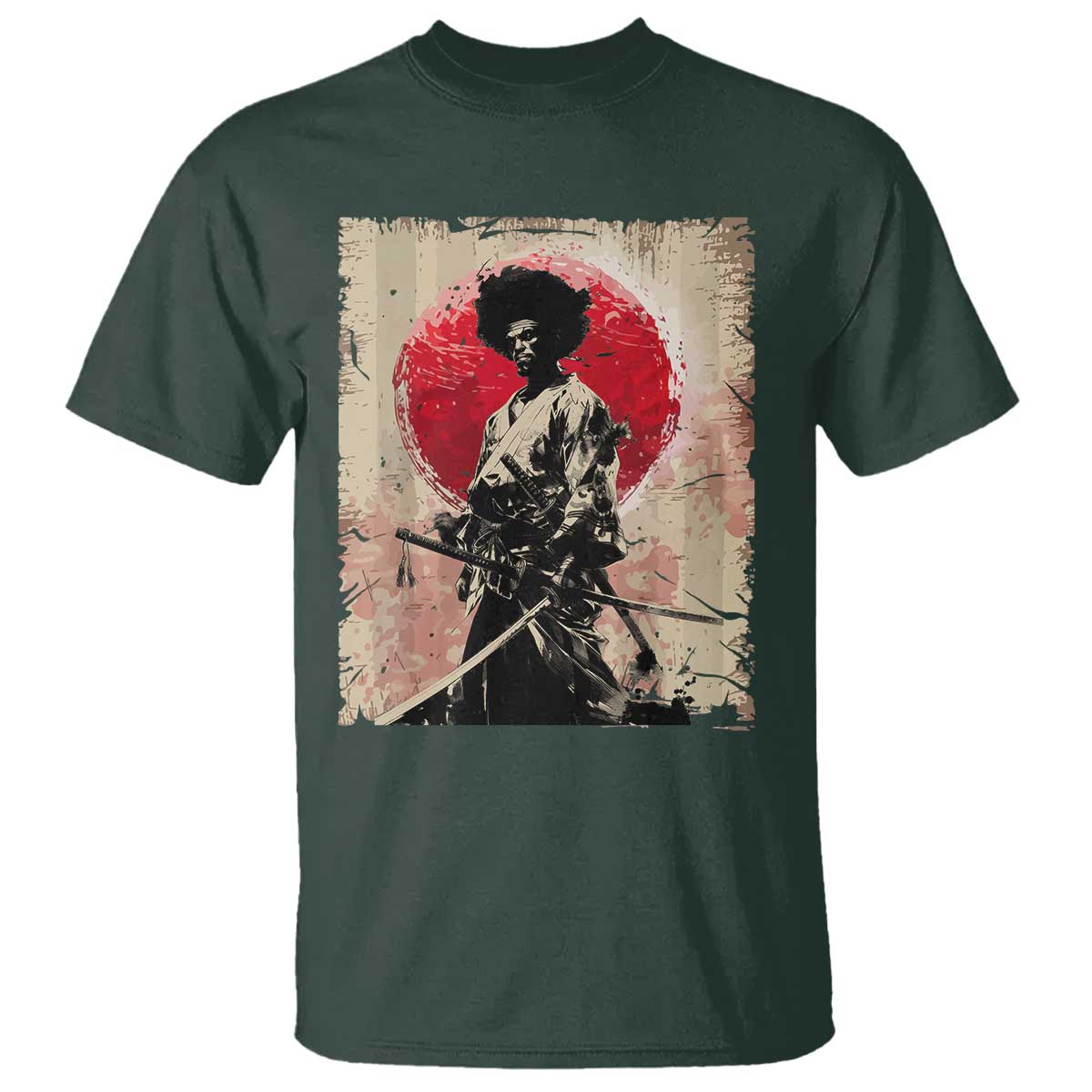 Funny African America Samurai T Shirt Japanese Art Black Warrior Fighter