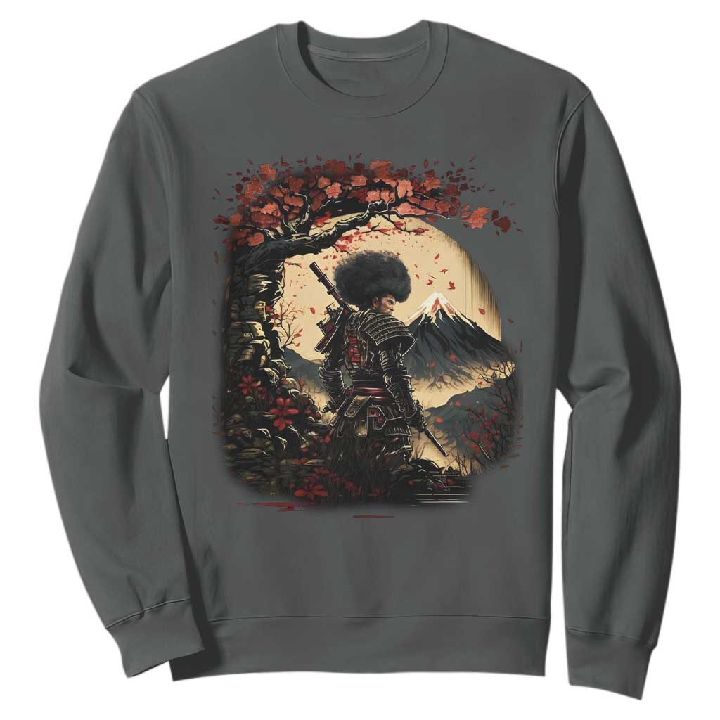 Funny African America Samurai Sweatshirt Japanese Art Black Warrior Sakura