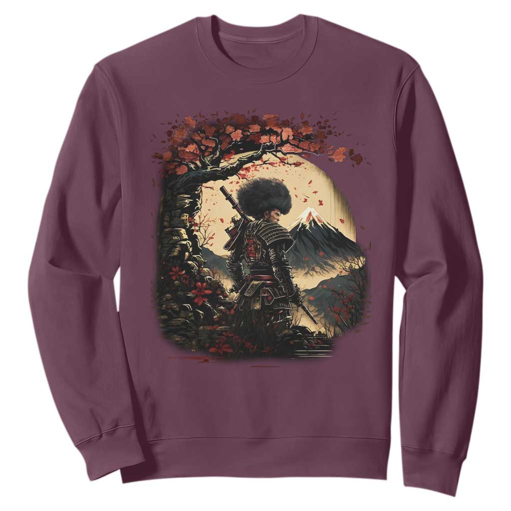 Funny African America Samurai Sweatshirt Japanese Art Black Warrior Sakura