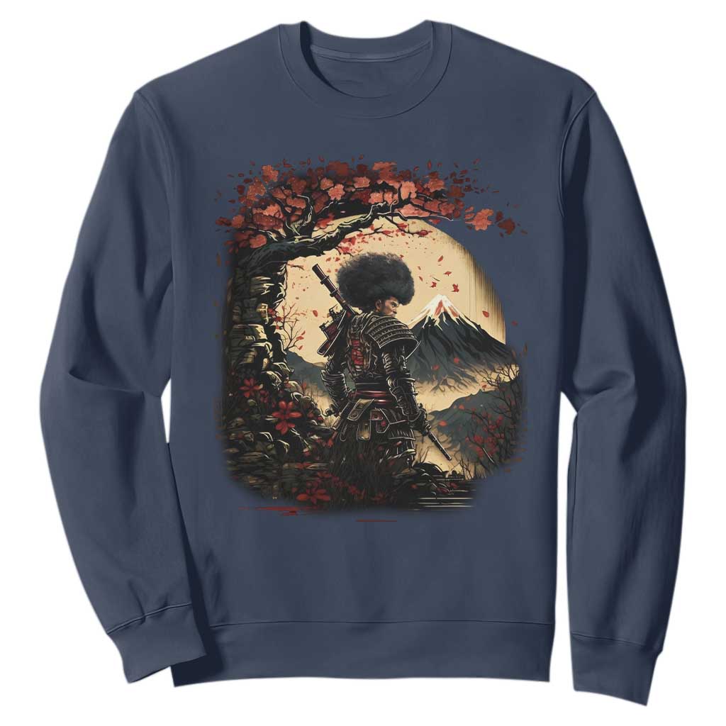 Funny African America Samurai Sweatshirt Japanese Art Black Warrior Sakura