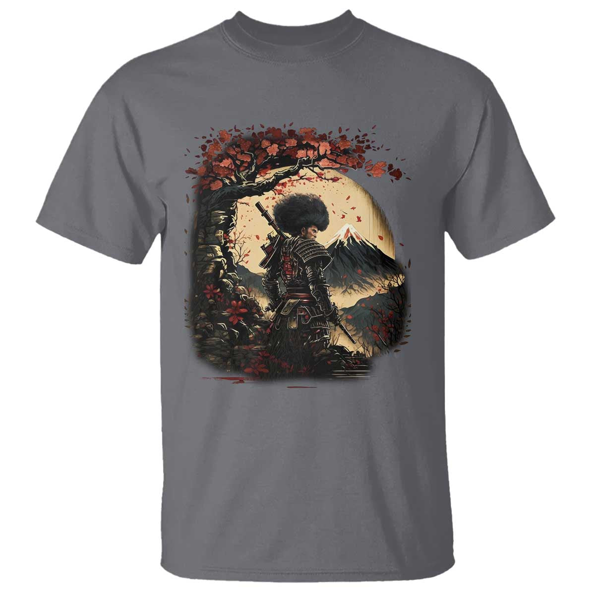 Funny African America Samurai T Shirt Japanese Art Black Warrior Sakura