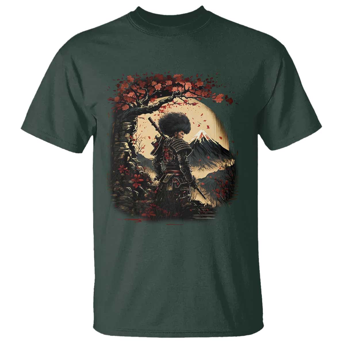 Funny African America Samurai T Shirt Japanese Art Black Warrior Sakura