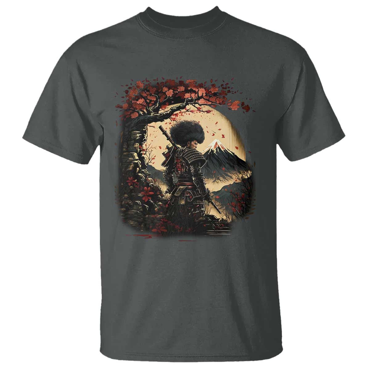 Funny African America Samurai T Shirt Japanese Art Black Warrior Sakura