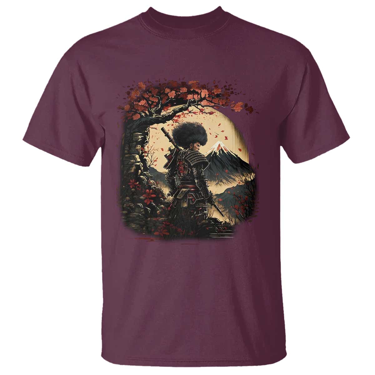 Funny African America Samurai T Shirt Japanese Art Black Warrior Sakura
