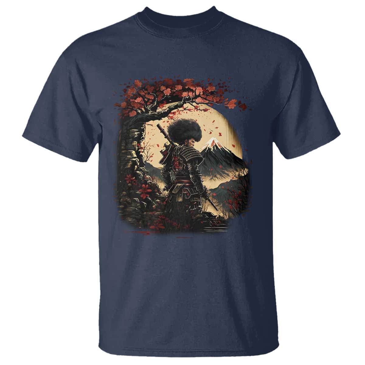 Funny African America Samurai T Shirt Japanese Art Black Warrior Sakura