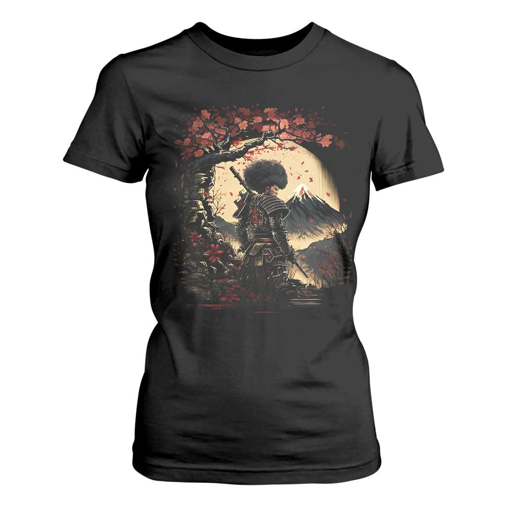 Funny African America Samurai T Shirt For Women Japanese Art Black Warrior Sakura