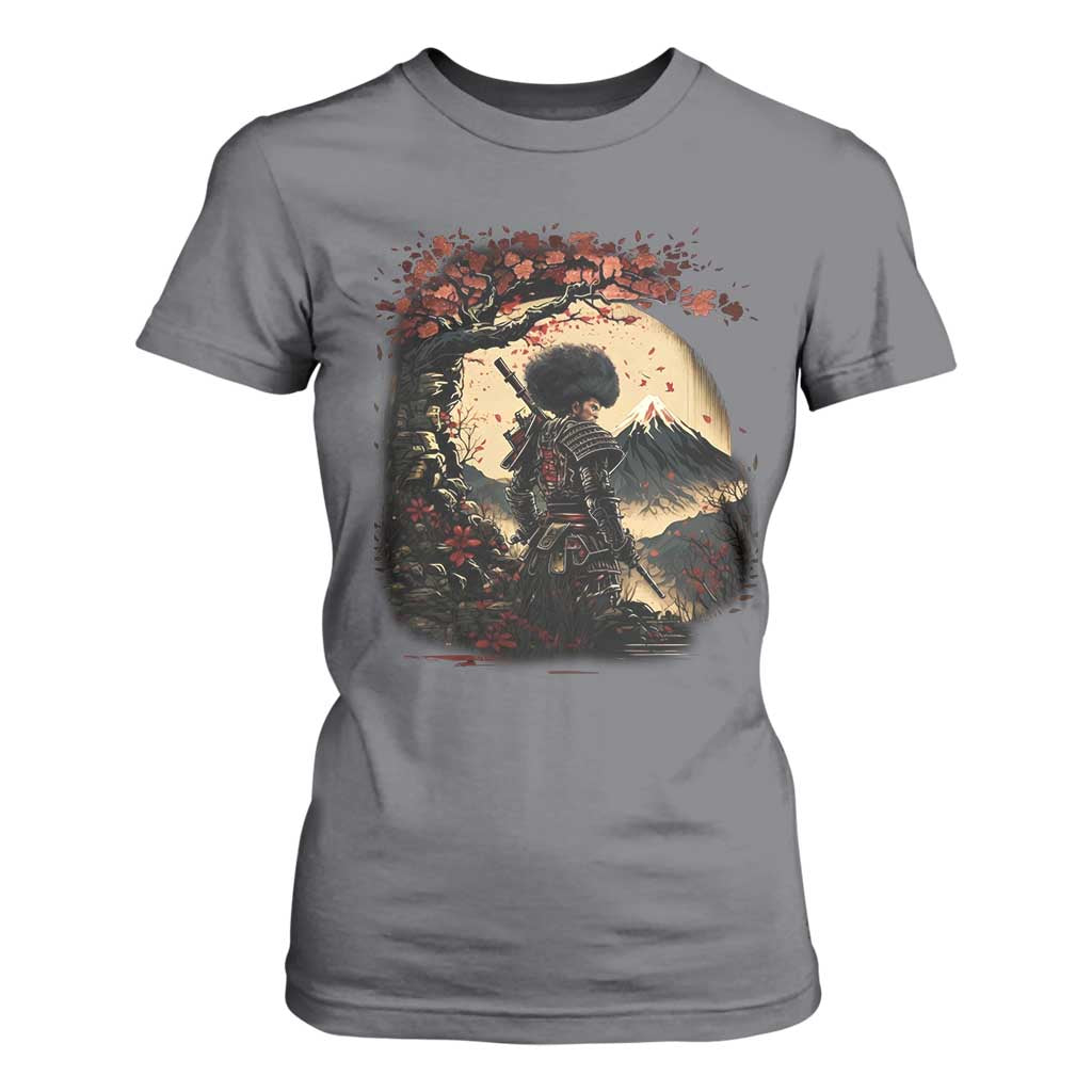 Funny African America Samurai T Shirt For Women Japanese Art Black Warrior Sakura