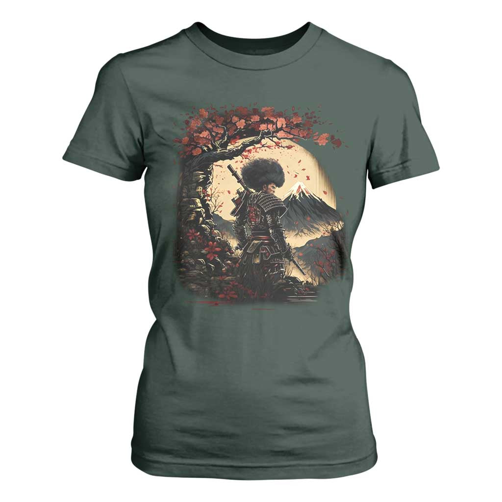 Funny African America Samurai T Shirt For Women Japanese Art Black Warrior Sakura