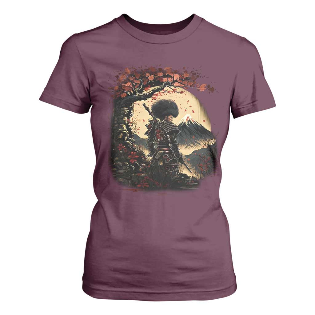 Funny African America Samurai T Shirt For Women Japanese Art Black Warrior Sakura