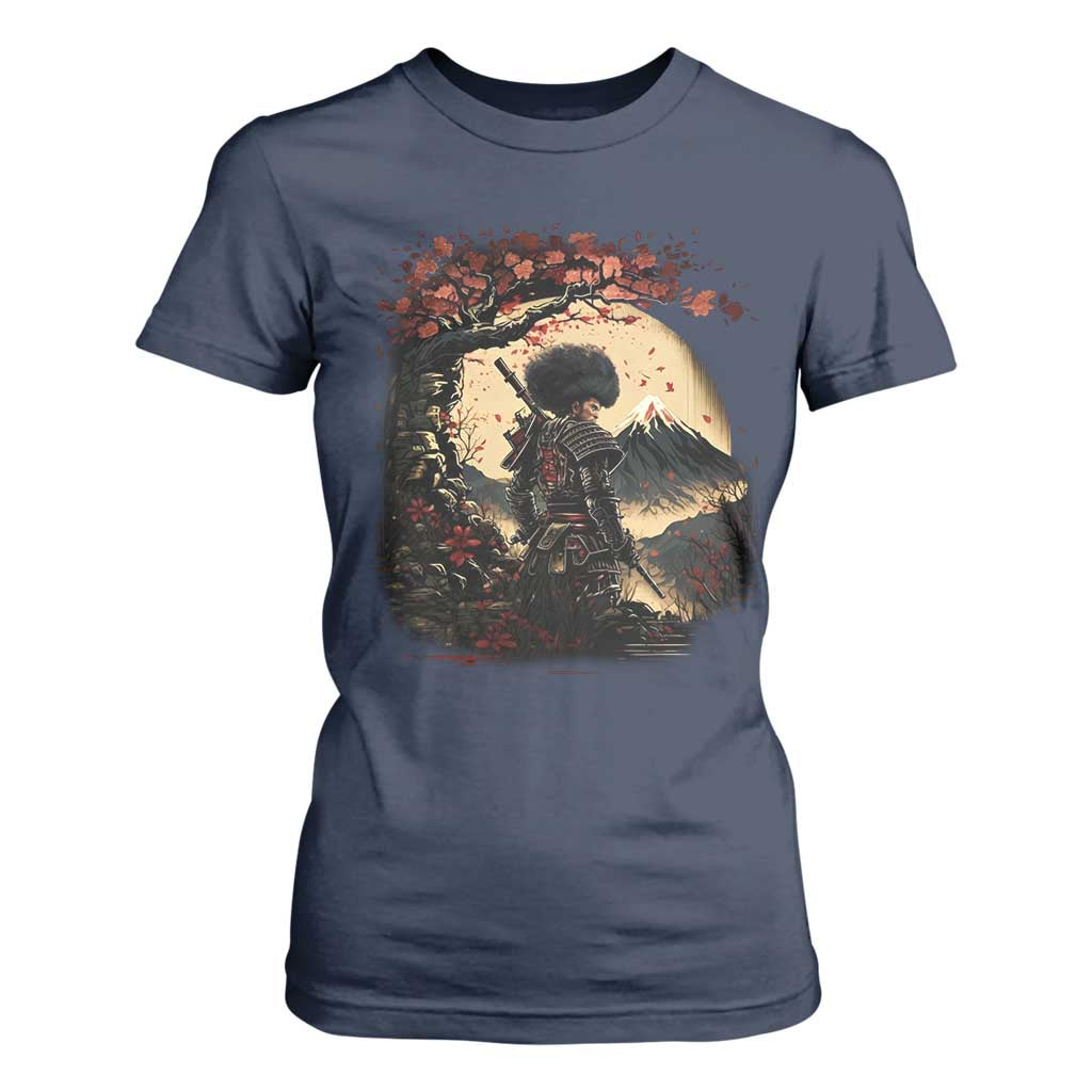 Funny African America Samurai T Shirt For Women Japanese Art Black Warrior Sakura