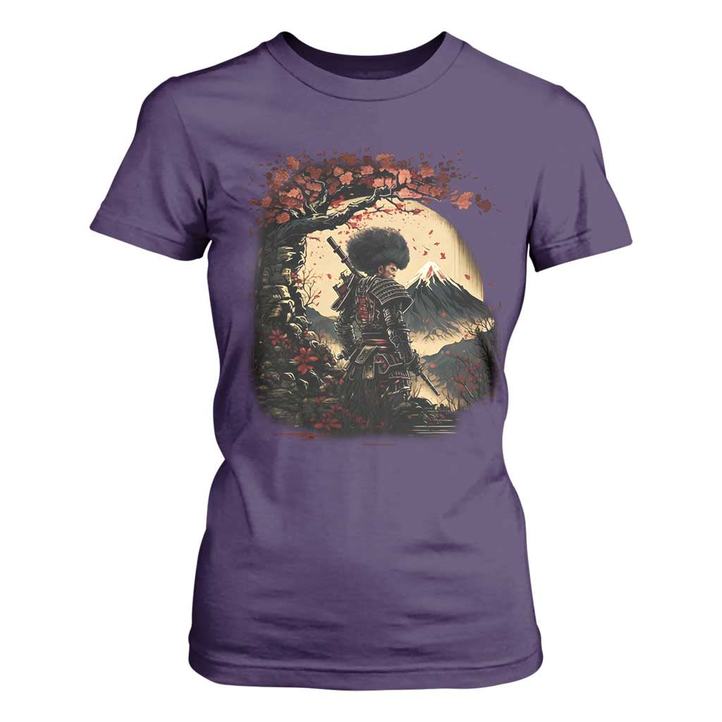Funny African America Samurai T Shirt For Women Japanese Art Black Warrior Sakura
