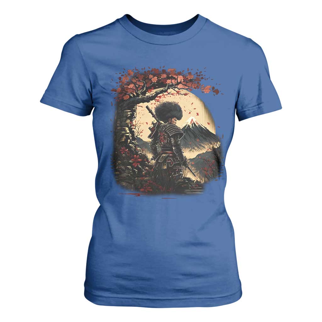 Funny African America Samurai T Shirt For Women Japanese Art Black Warrior Sakura