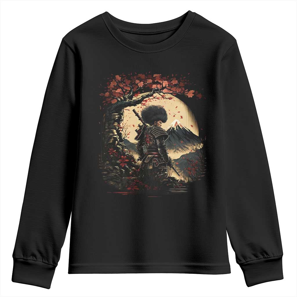 Funny African America Samurai Youth Sweatshirt Japanese Art Black Warrior Sakura