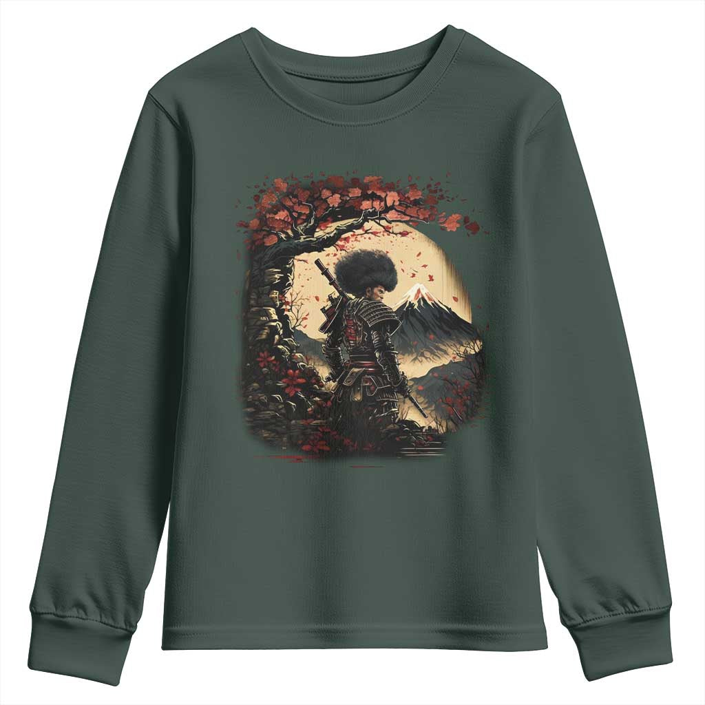 Funny African America Samurai Youth Sweatshirt Japanese Art Black Warrior Sakura