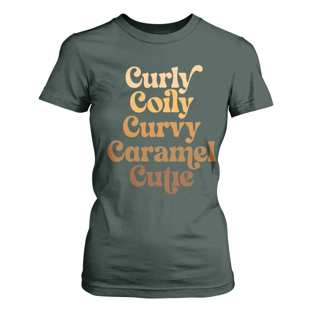 Afro Melanin Black Hair T Shirt For Women Curly Coily Curvy Caramel Cutie