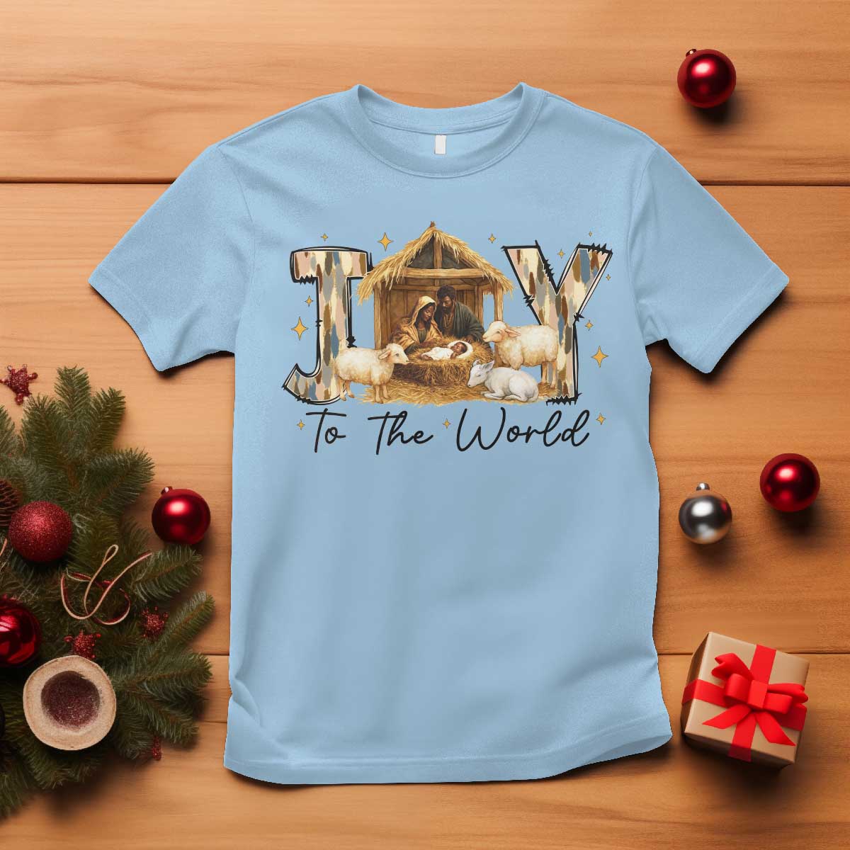 African American Christmas Nativity Scene T Shirt Joy To The World Afro Black Jesus - African Pride